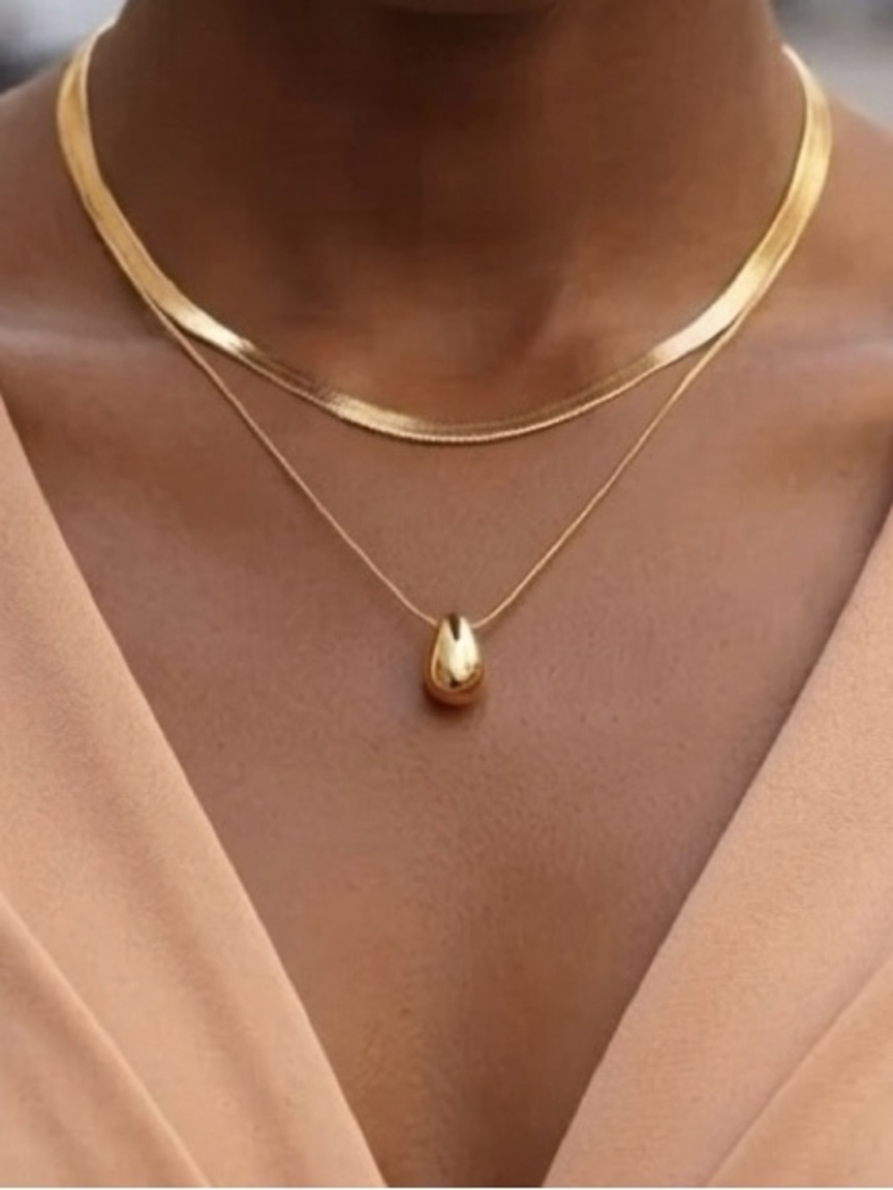 18K Gold Plated Herringbone & Drop Pendant Layered Necklace